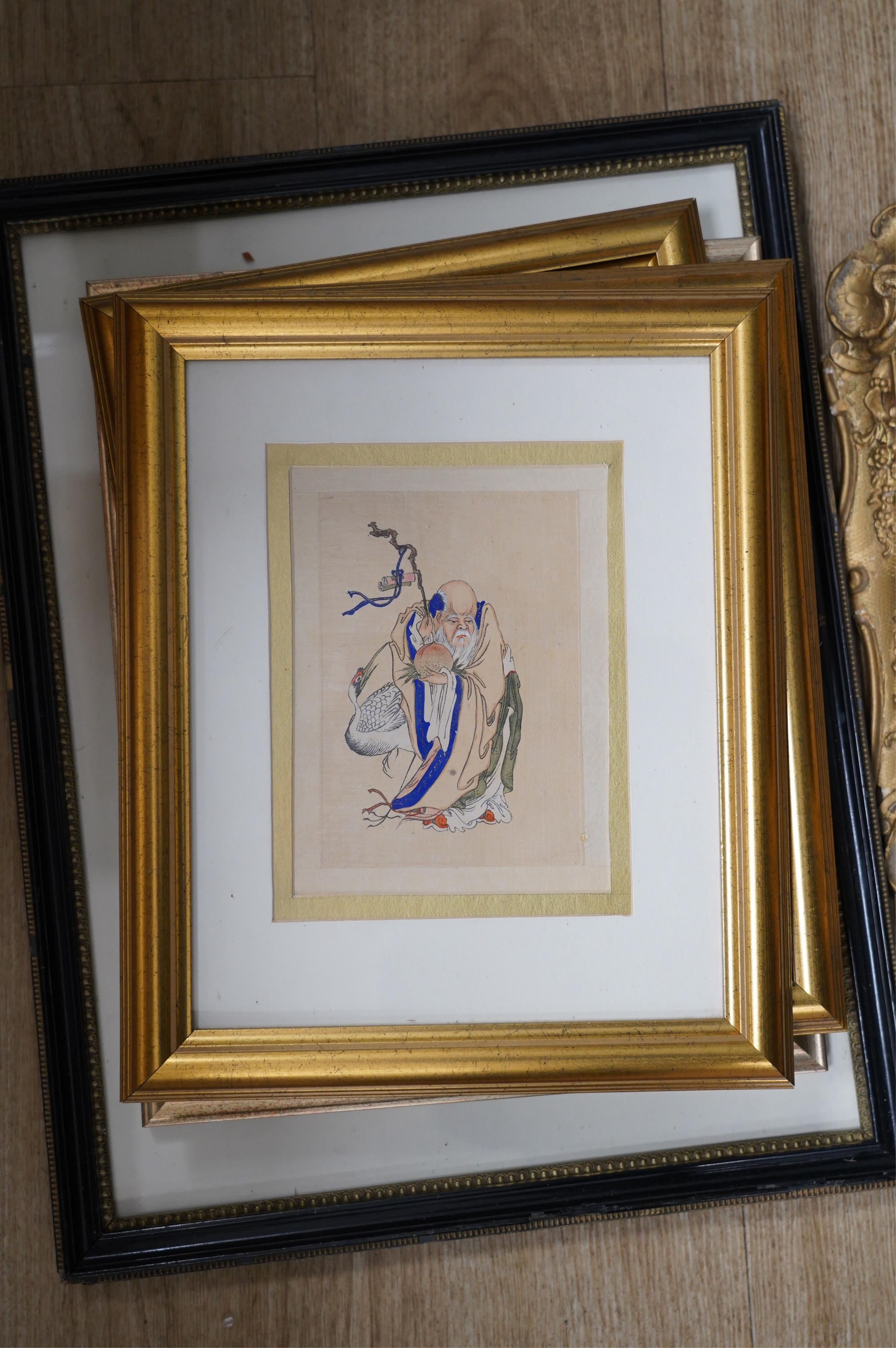 A collection of works comprising, a set of three Chinese watercolours on silk, Figural studies, a 19th century, Norwich School monochrome watercolour, Study of trees and an engraving after Titian, together with a gilt fr